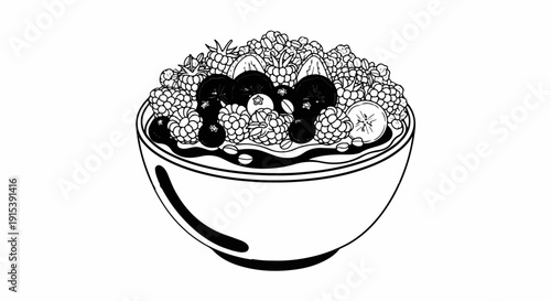 A detailed black and white illustration of a fruit-filled bowl of cereal