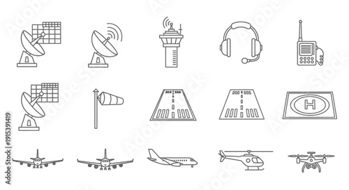 Detailed Aviation and Air Traffic Control Line Icons Set on Isolated White Background