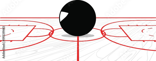 A black sphere rests on a stylized court with red lines and white wood grain
