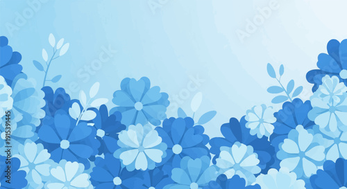 A border of blue flowers and leaves against a gradient blue background