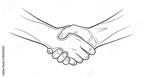 Handshake agreement between two people in line art, business partnership symbol on isolated white background