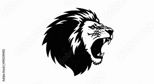 A ferocious lion's head roars with mouth open, displaying sharp teeth and mane