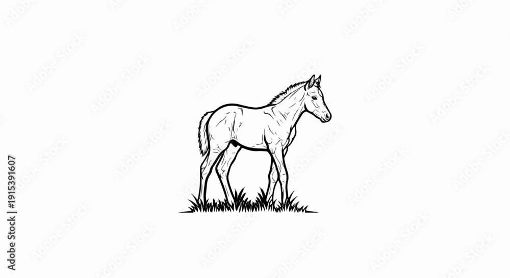 Fototapeta premium A black and white sketch of a young horse standing in grass
