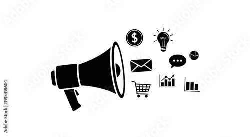 Megaphone Broadcasting Marketing and Business Icons Silhouette on Isolated White Background