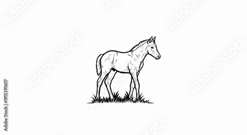 A black and white sketch of a young horse standing in grass