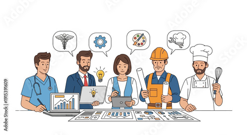 Professionals from different fields collaborating on project with innovative ideas