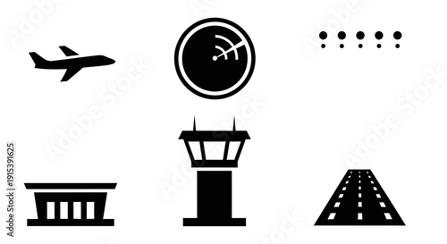 Airport and Aviation Icons Set Silhouette on Isolated White Background