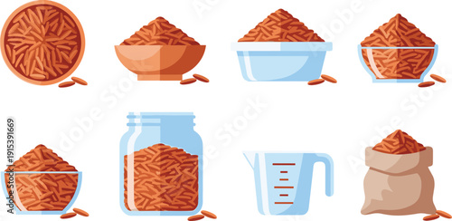 Red Rice Set in Bowl Jar Measuring Cup and Sack Whole Grain Organic Food Ingredient Flat Vector Illustration Collection