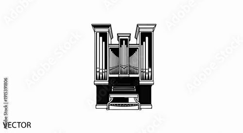 A black and white vector illustration of a pipe organ