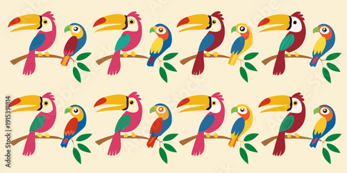 Colorful toucans perched on branches in a repeating pattern