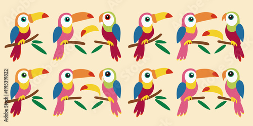 Colorful toucans perched on branches in a repeating pattern