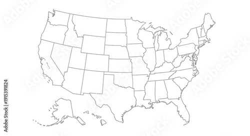 Outline map of the United States of America with state borders, isolated white background.