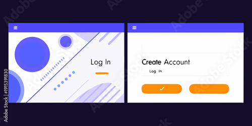Mobile app interface mockups with login and signup screens displayed