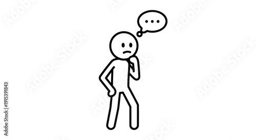 Stick figure person thinking with speech bubble icon, contemplating a problem, isolated white background.