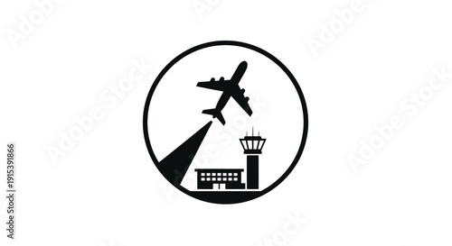 Airplane taking off from airport control tower in a circle icon, isolated white background.