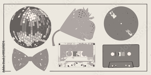 A grayscale composition featuring a disco ball strawberry and vintage items