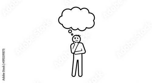 Stick figure person in deep thought with an empty thought bubble, focused on problem-solving or contemplation on isolated white background.