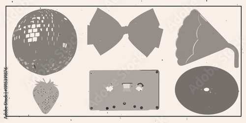 A collection of retro objects including a disco ball cassette and fruit