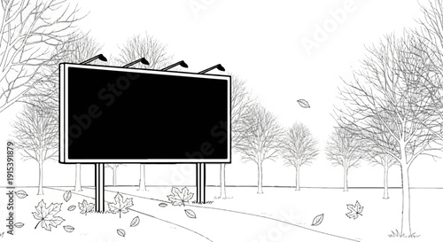 A black billboard stands amidst bare trees and fallen leaves on a path