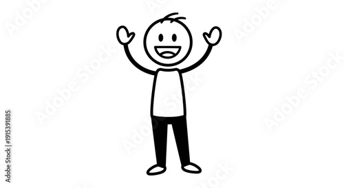 Happy Stick Figure Person with Arms Raised in Celebration, isolated white background