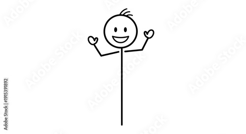 Cheerful stick figure person with a big smile and arms raised in celebration, isolated white background.