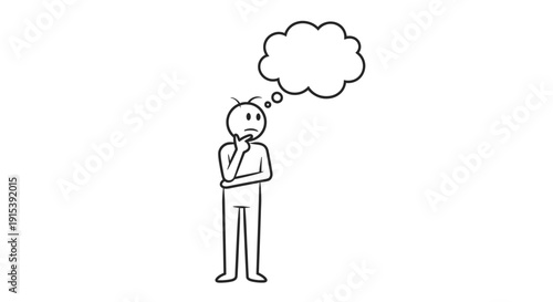 Outline stick figure person thinking with an empty thought bubble, contemplating or problem-solving on isolated white background.
