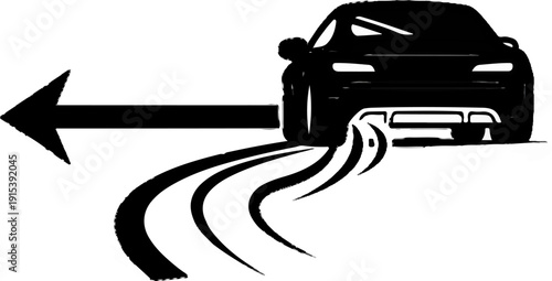 A black car performs a sharp turn, leaving tire tracks and an arrow pointing left