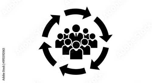 Group of people in a continuous cycle with arrows, symbolizing teamwork, community, or iterative process on isolated white background.