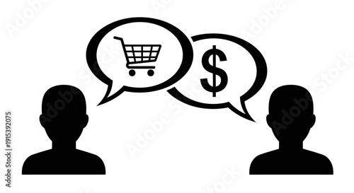 People discussing shopping and money, representing e-commerce or financial transaction conversation on isolated white background.