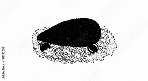 A black caviar-like mound atop lettuce, olives, and tomato slices