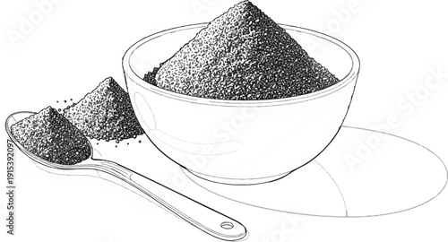 A bowl and spoon filled with granular material, rendered in sketch style