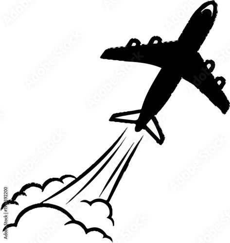 A black silhouette of an airplane ascends with a trailing cloud of smoke