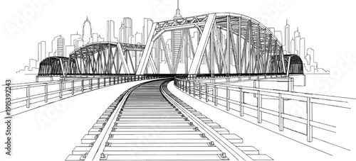 A detailed line drawing of a railway leading to a large metal bridge and cityscape