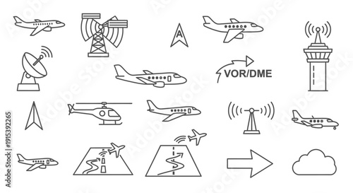 Aviation Line Icons Set with Aircraft, Airport, and Navigation Symbols on Isolated White Background