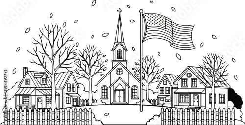 A charming village scene with a church, homes, and a flag under falling snow