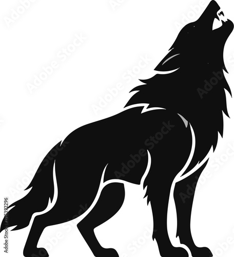 A black silhouette of a wolf howling at the sky