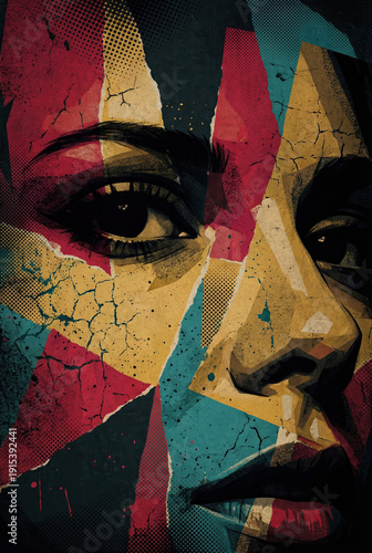 Abstract portrait of a woman's face composed of torn paper and geometric shapes with a distressed texture.