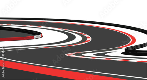 A winding racetrack with red and white markings on a black surface against a white background.