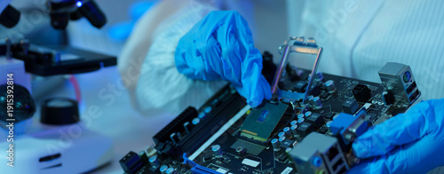 Close-up concept of semiconductor or microchip, technology development, electronics industry, computer technology electronics engineer, CPU	