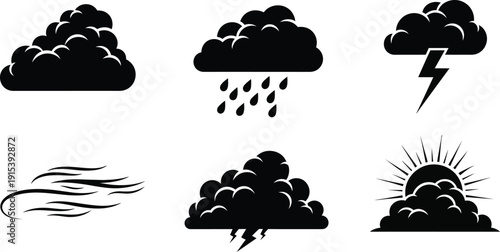 Collection of black weather icons including rain lightning wind and sun behind clouds flat vector design for forecasting and meteorological apps
