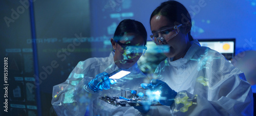 Canvas Print Technician working on analyzing semiconductor or microchip boards, electronics industry, electronic engineer, computer technology, CPU maintenance, hardware, motherboard component upgrades