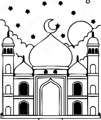 Taj Mahal Mosque Illustration with Crescent Moon and Stars at Night