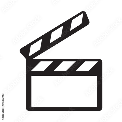 Black and white clapperboard movie film production icon isolated on white background