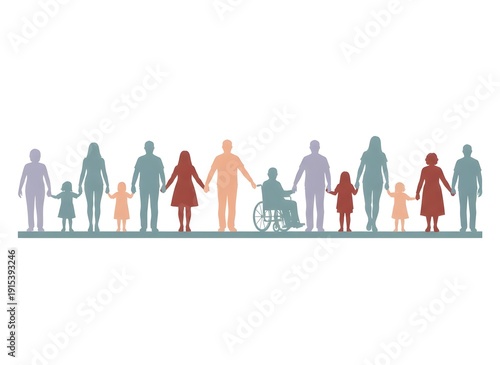 Diverse group of people holding hands, symbolizing unity, equality, human rights, inclusion, and support for all ages and abilities