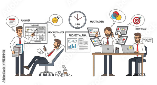 Four businessmen representing different work styles in modern office