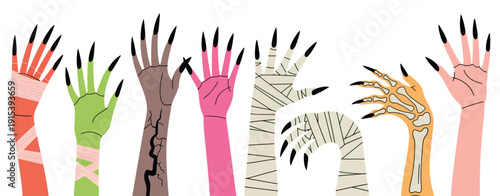 Halloween Monster Hands Banner with Mummy, Zombie, Werewolf, Skeleton and Vampire, Flat Vector Border of Spooky Hands Reaching Up, Festive Background for Web Design and Trick or Treat Theme