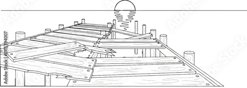 A broken wooden dock juts out into calm water under a setting sun