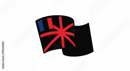 A black flag with a blue and red canton and a red starburst design