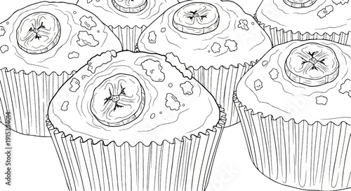 A delightful black and white illustration of banana muffins with banana slices