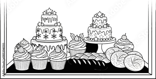 A delightful array of frosted cakes, cupcakes, bagels, and bread awaits